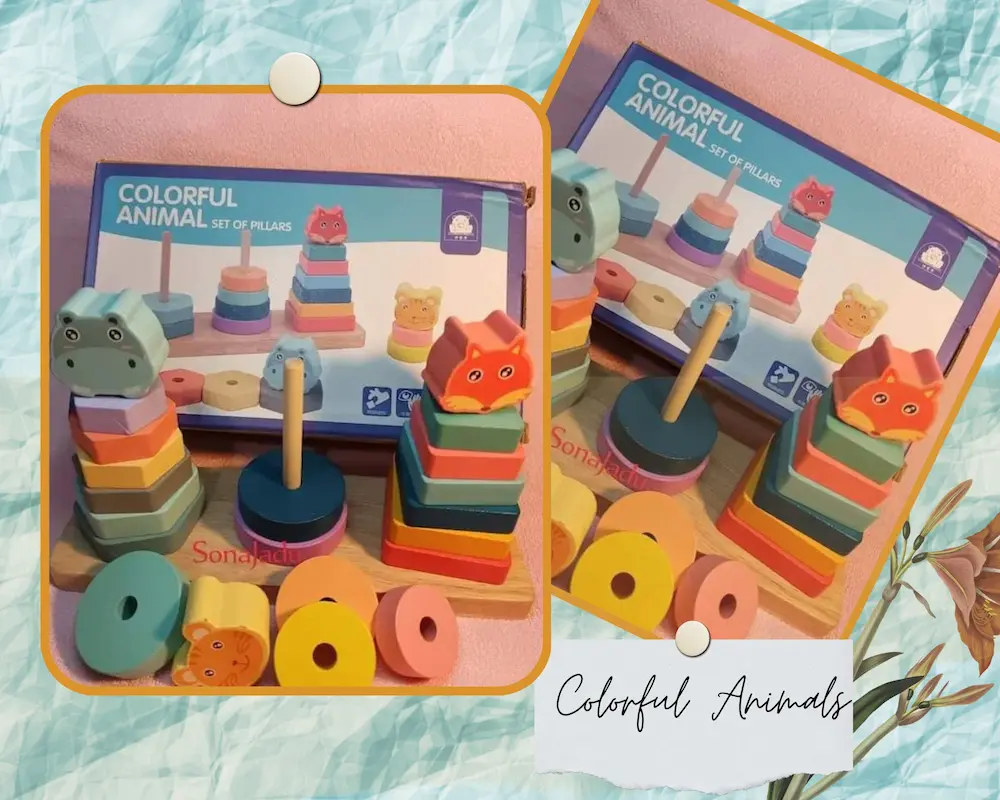 Colorful Animal Tower Set of Pillars Wooden Educational Toy