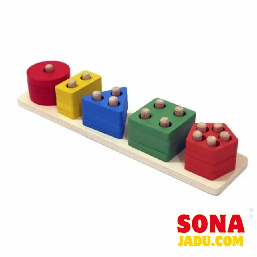 Wooden Blocks Geometric Shape Matching Five Sets of Column Learning Education Puzzle Game Toy for Kids (Multicolor)