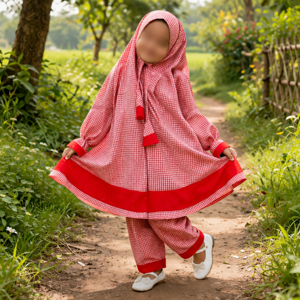 Kids mix Cotton grameen check Khimar Set  KCK502